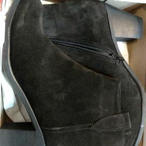 Black suede low heel booties, new, size 10
